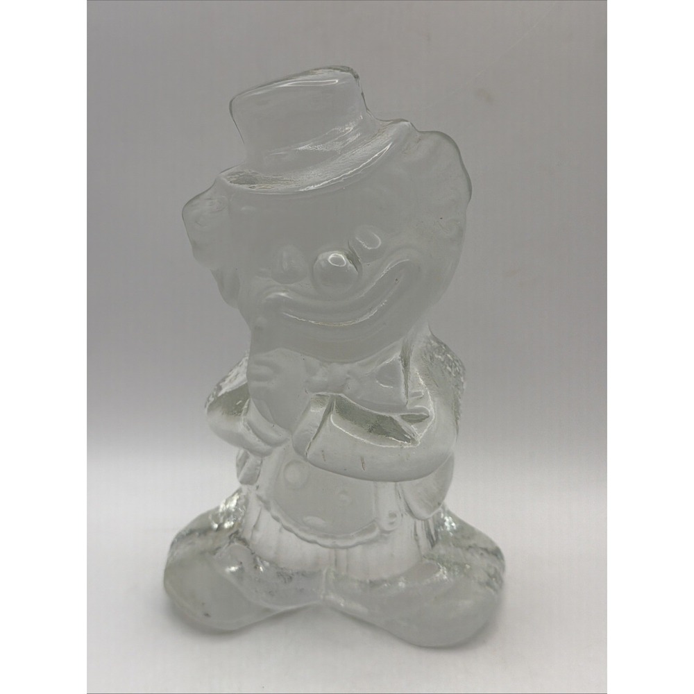 Viking Glass Clear Art Glass Clown Paperweight Bookend Sticker 7.5" x 5" VTG